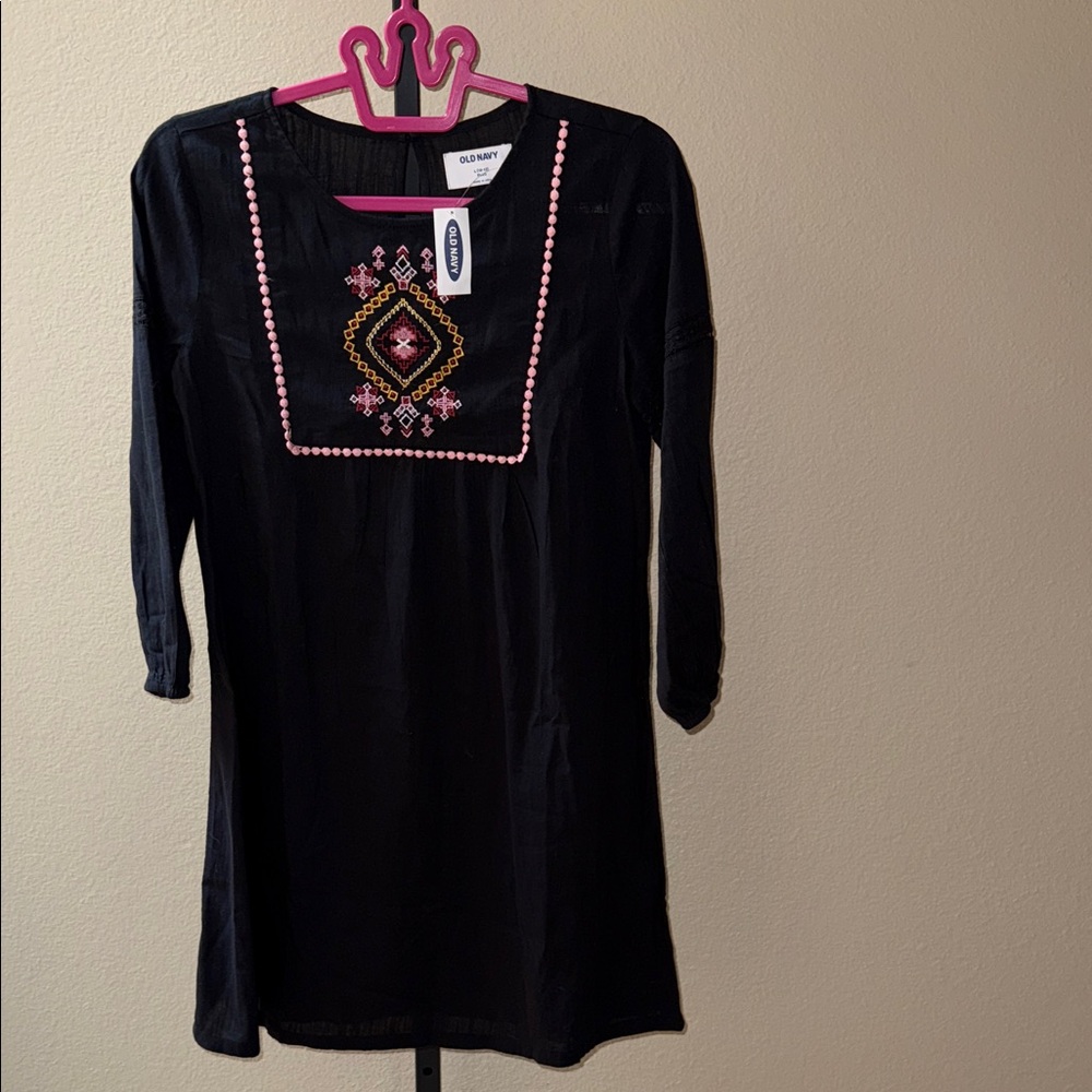 Old Navy Black Long Sleeve Dress Multi-color Embroidery Girl’s Size L 10-12 Plus